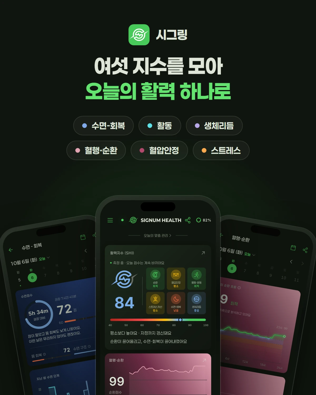 여섯 지수를 모아 오늘의 활력 하나로 — 수면-회복 · 활동 · 생체리듬 · 혈행·순환 · 혈압안정 · 스트레스