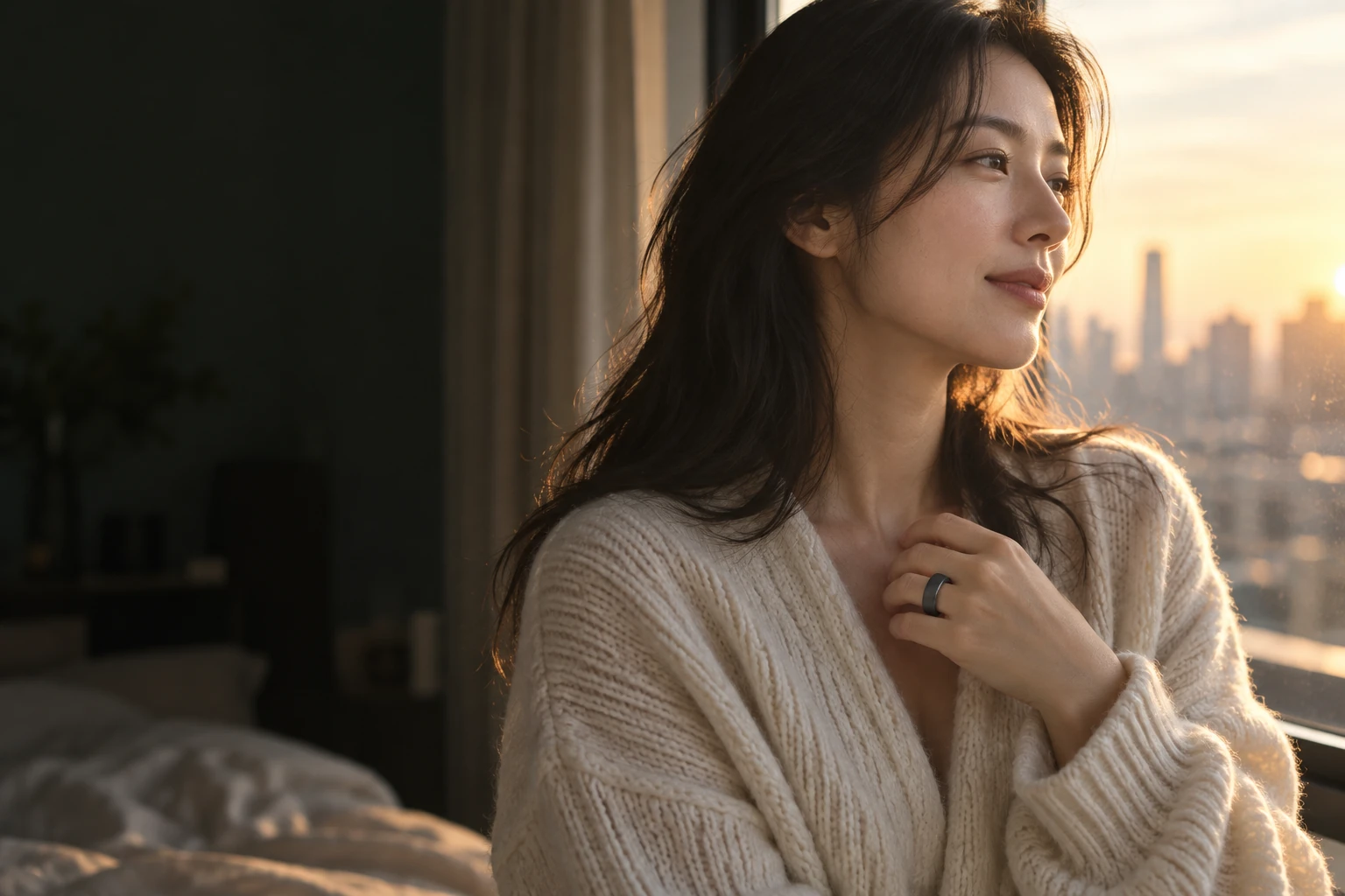 자고 일어난 아침, 창가에 서서 도시를 바라보며 쇄골에 손을 얹은 여성 — 손에 Jet Black 시그링